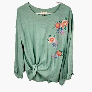 NWT Umgee Top Mint Green Blue Embroidered Floral Tie Front Knot Sz M Cottagecore